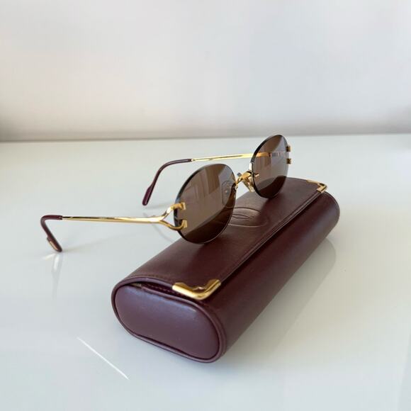 CARTIER Oval Rimless Sunglasses Brown  Gold Frame Authentic Vintage - Picture 2 of 10